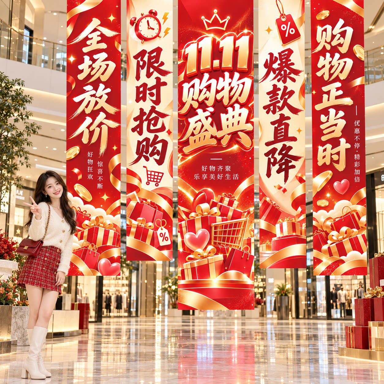 双十一场景布置2026电商公司橱窗直播间氛围感装饰挂布条幅背景布