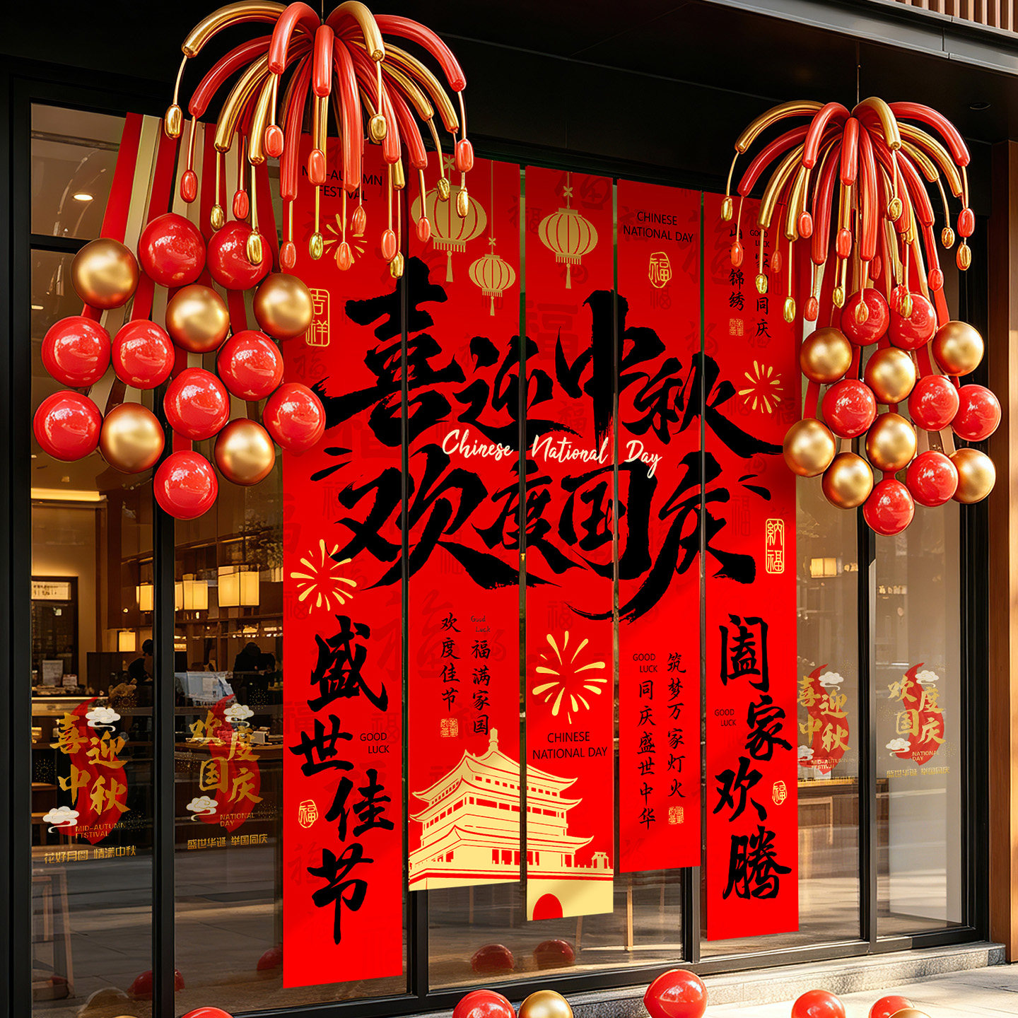 中秋国庆场景活动气球条幅商铺节日挂布迎宾布景kt板摆件堆头礼盒