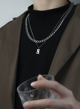 钛钢古巴链男生男士字母叠戴项链