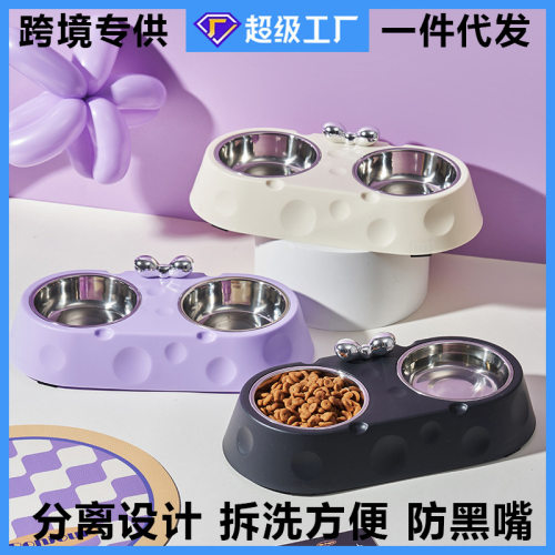 宠物不锈钢双碗猫咪食盆狗狗饭碗猫碗狗碗防滑防打翻宠物双碗新款