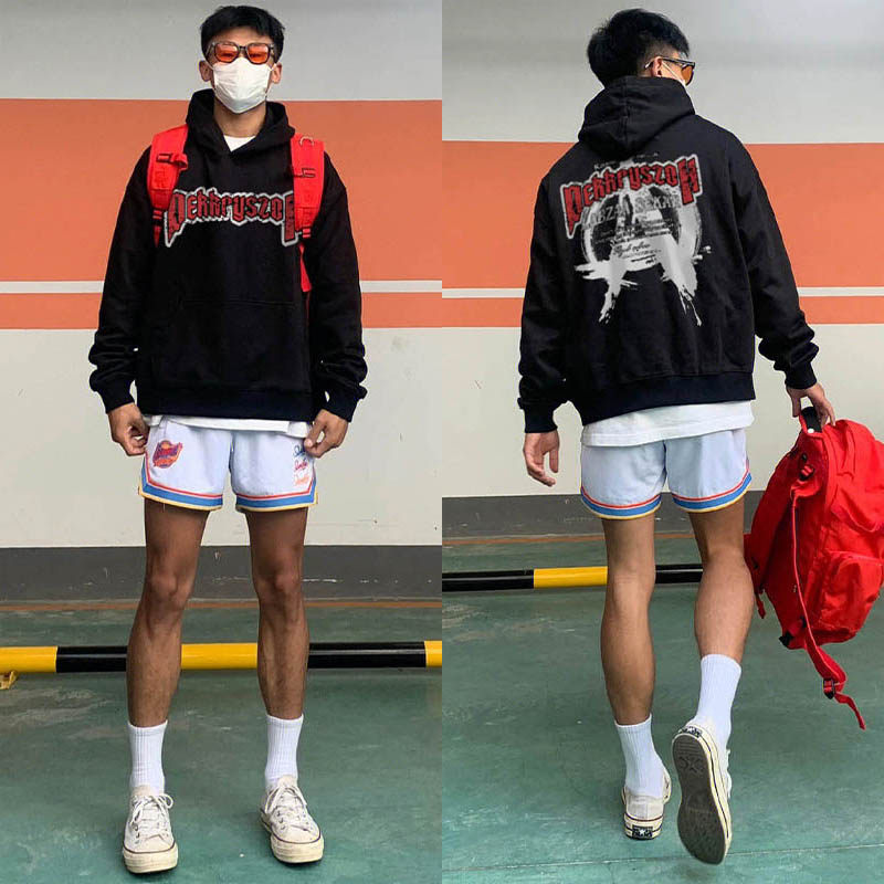 INS 미국 복고풍 벨벳 후드 티셔츠 남성 가을 겨울 유행 스트리트 스타일 편지 인쇄 느슨한 커플 코트