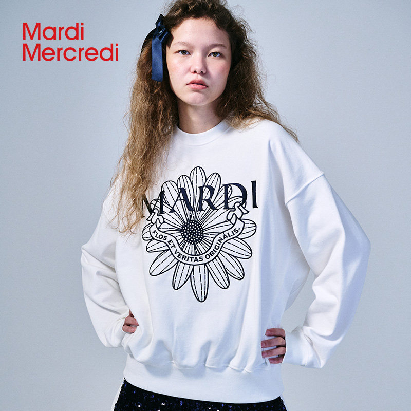 MardiMercredi小雏菊飘带刺绣圆领卫衣韩系学院徽章宽松纯棉上衣