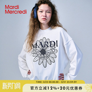 MardiMercredi小雏菊飘带刺绣圆领卫衣韩系学院徽章宽松纯棉上衣