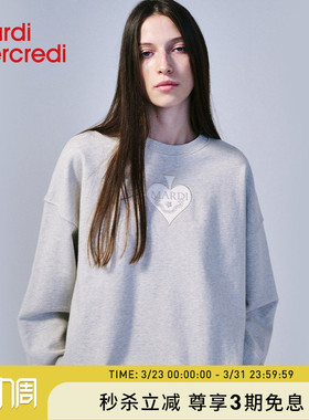 MardiMercredi桃心贴布刺绣圆领卫衣灰色宽松上衣学院风男女同款