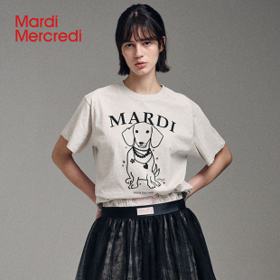 t恤寬松上衣女韓系線條臘腸狗夏季 MardiMercredi正臉珍珠小狗短袖