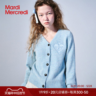 显瘦新品 女V领棉羊毛上衣保暖修身 MardiMercredi桃心刺绣针织开衫