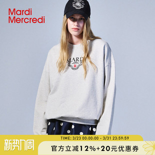 MardiMercredi字母徽章刺绣卫衣圆领宽松落肩上衣女简约学院风