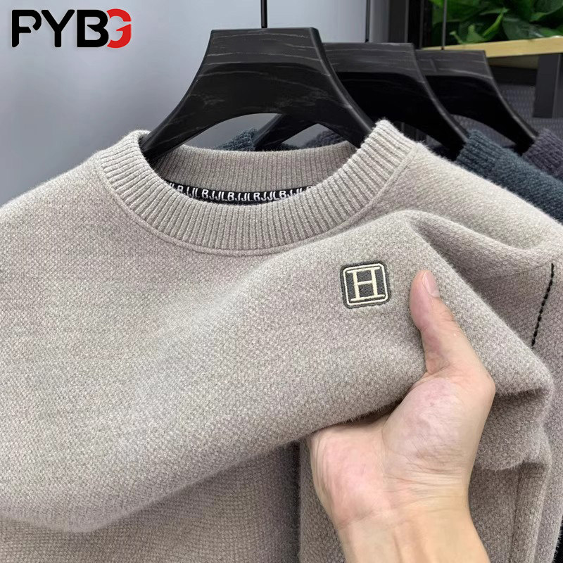 雪尼尔一体绒毛衣男士冬季2025新款加绒加厚保暖刺绣打底衫男款潮