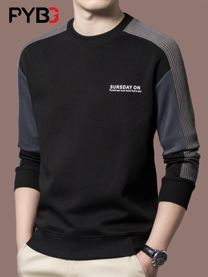 高端圆领卫衣男款春秋冬2025新款拼色打底衫加绒加厚男士长袖T恤