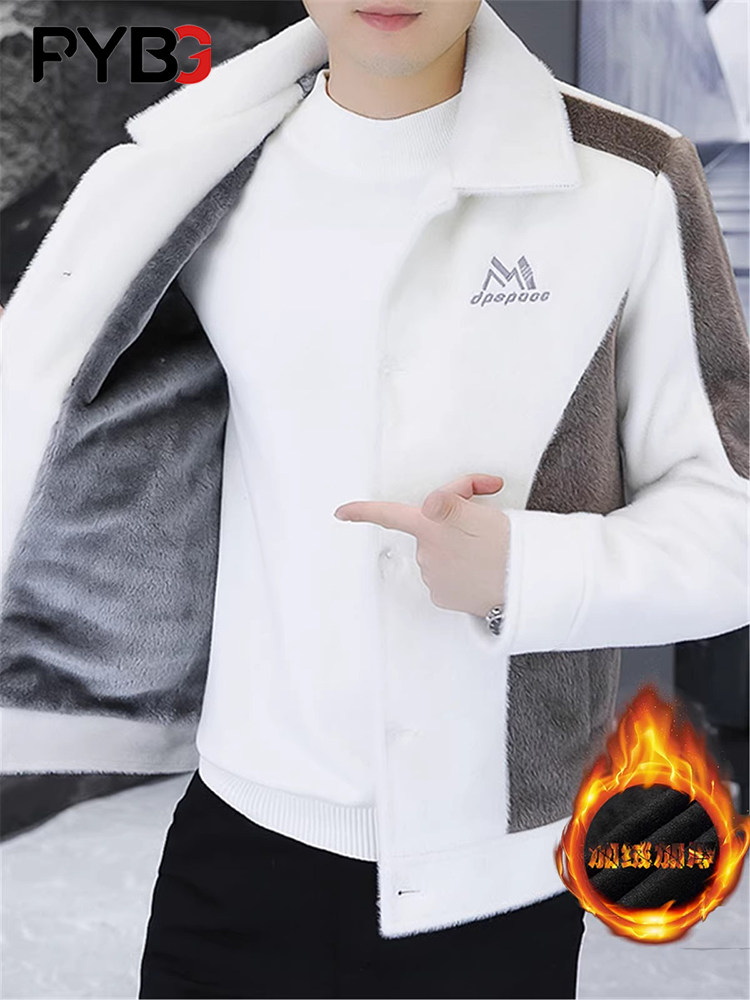 高级感水貂绒感男士夹克外套2025秋冬季新款翻领加绒短款毛呢上衣