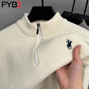 保罗一体绒半拉链毛衣男士秋冬季2025新款加厚保暖针织打底衫男款