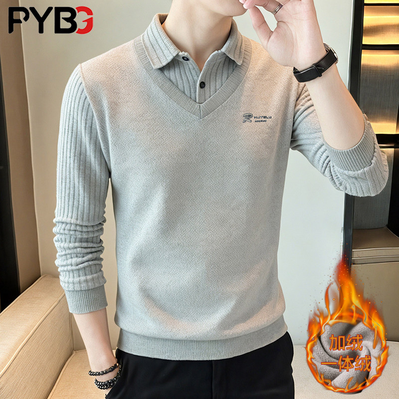 高端假两件针织衫毛衣男士秋冬季2025新款加绒长袖T恤polo衫男款