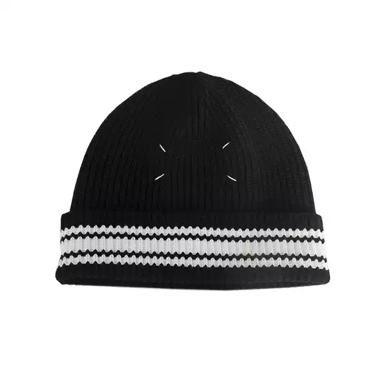 [Detachable Four-Corner Mark] Black and White Stripesd American Knitted Hat Four-Corner Mark ins Style for Men and Women in Autumn and Winter