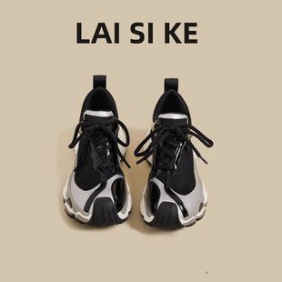 2025秋季新款厚底老爹鞋女黑色松糕丑萌歪头阿甘鞋运动机能德训鞋