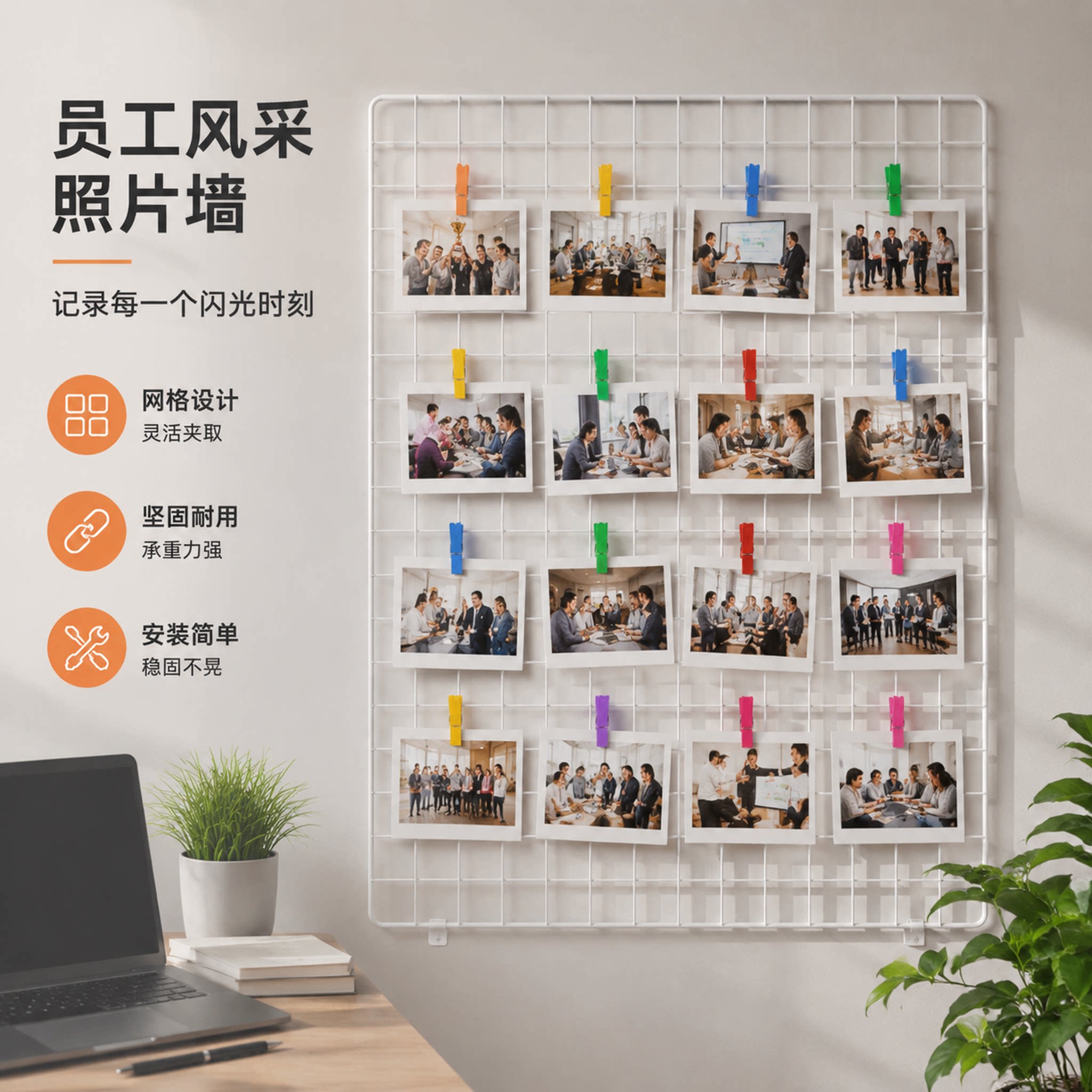 免打孔网格片员工风采照片墙企业文化展示拍立得装饰墙办公室收纳