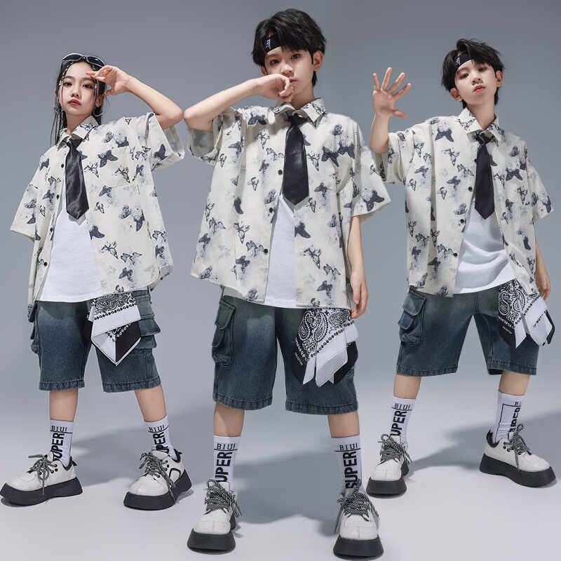少儿街舞潮服hiphop蝴蝶满印花衬衫男女孩童夏季宽松架子鼓演出服