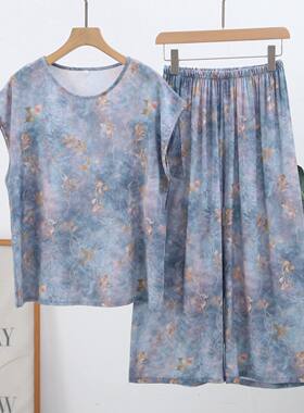 夏季妈妈睡衣棉绸短袖两件套绸缎大码可外穿中老年人家居服套装