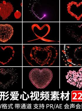 AE PR红色花瓣爱心桃心粒子动态心形视频叠加特效素材MOV透明通道