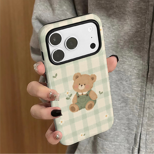 格纹小熊适用苹果18promax手机壳iPhone17pro新款16小众15女14可爱防摔卡通13华为8plus小米保护套oppo菲林xs