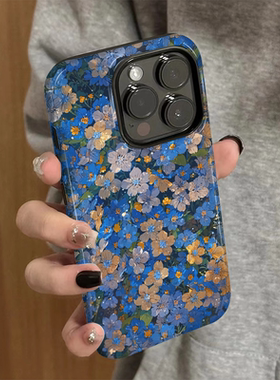 适用苹果15promax手机壳iPhone16新款iP14女12/13简约xsmax高级8蓝色花朵创意防摔11保护套7plus菲林二合一xr