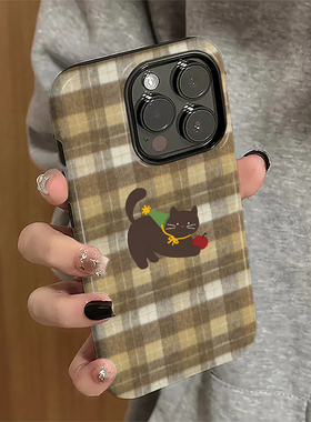 适用苹果16pro手机壳iPhone17promax新款13苹果15简约iP14女12个性11格纹猫咪xr套xsmax防摔8plus潮7菲林16e