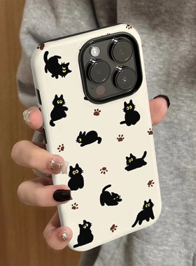 适用iPhone16手机壳苹果15promax新款iP14/13女12简约可爱xsmax菲林二合一8硅胶防摔11保护套7plus黑色猫咪xr