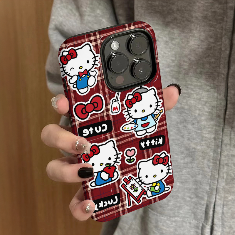 适用苹果15promax手机壳iPhone16新款iP14/13女卡通12简约xsmax可爱格纹kt猫8防摔11保护套7plus菲林二合一xr