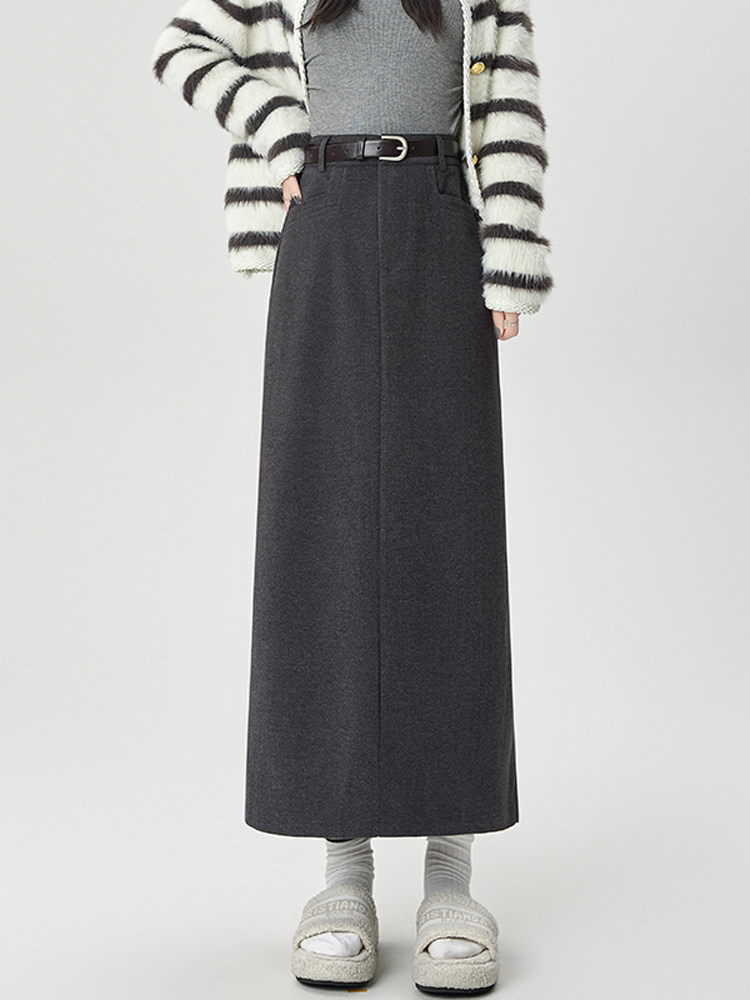 高级感西装毛呢半身裙女春秋加厚高腰直筒开叉中长款包臀一步长裙