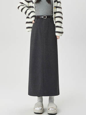 高级感西装毛呢半身裙女春秋加厚高腰直筒开叉中长款包臀一步长裙