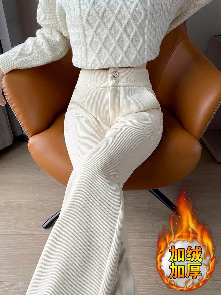 加厚雪尼尔窄版阔腿裤女春秋加绒微喇叭裤高腰显瘦条绒马蹄西装裤