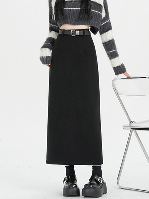 加厚毛呢西装半身裙女春秋2025新款高腰直筒开叉中长款包臀一步裙