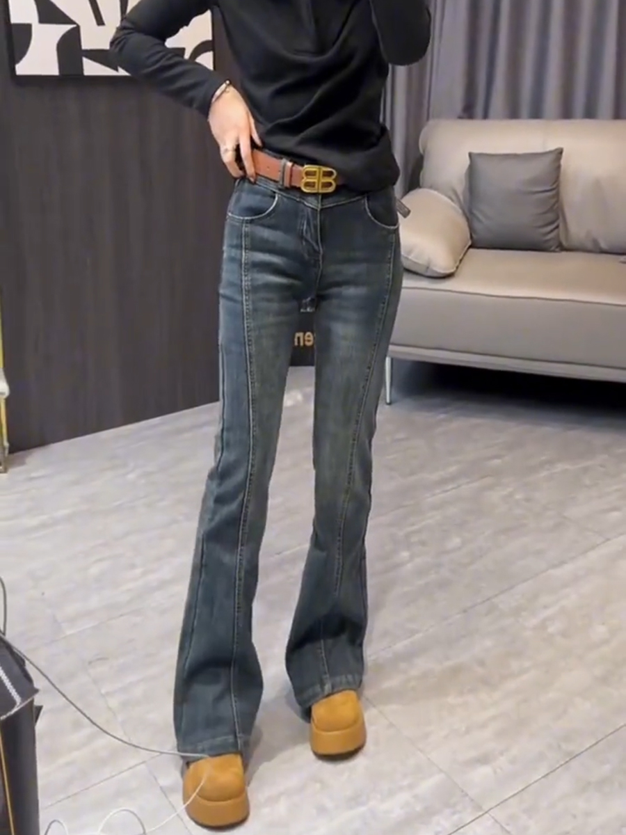 加绒加厚覆古微喇牛仔裤女春秋季弹力大码高腰显瘦直筒马蹄裤子女