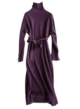 Solid color high neck tied knit dress 纯色高领绑带针织连衣裙