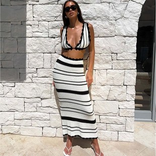 Tight Stripe Strap Set時尚 綁帶條紋緊身長裙套裝 Skirt Fashion