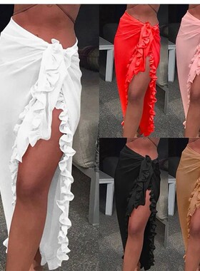 Solid color mesh strap split skirt纯色网纱绑带开叉半身裙女士