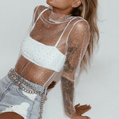 long top sleeved Mesh sequin lace female网纱长袖 亮片蕾丝上衣