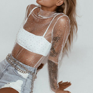Mesh long-sleeved sequin lace top female网纱长袖亮片蕾丝上衣