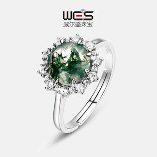欧美S925银镀18K金镶嵌彩宝宝石绿苔藓戒指水草玛瑙时尚高贵气质