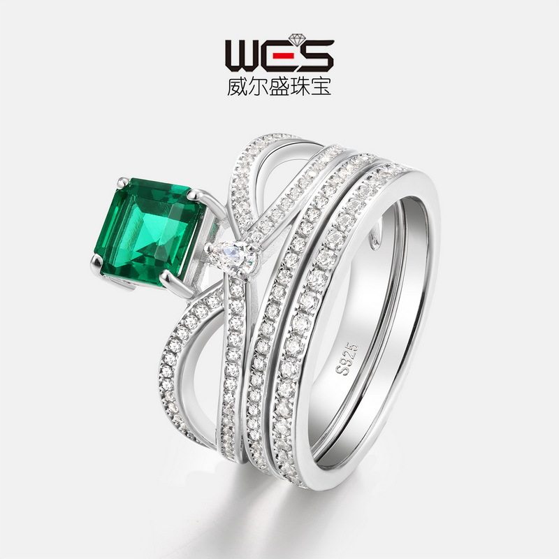 新款时尚皇冠培育祖母绿戒指女S925银镀18K金PT950铂金叠戴组合