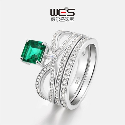 新款时尚皇冠培育祖母绿戒指女S925银镀18K金PT950铂金叠戴组合