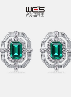 新款拉丝工艺耳钉S925银镀18K金镶嵌彩宝宝石八角培育祖母绿耳扣
