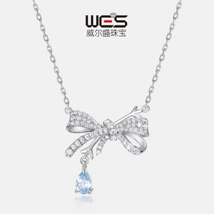 新款雪花款天空蓝托帕石项链S925银镀18K金蝴蝶结满钻锁骨链轻奢