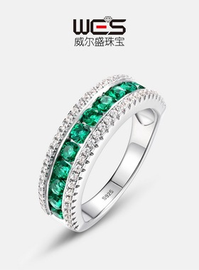 满镶排钻培育祖母绿戒指S925银镀18K金PT950铂金镶培育彩宝食指戒