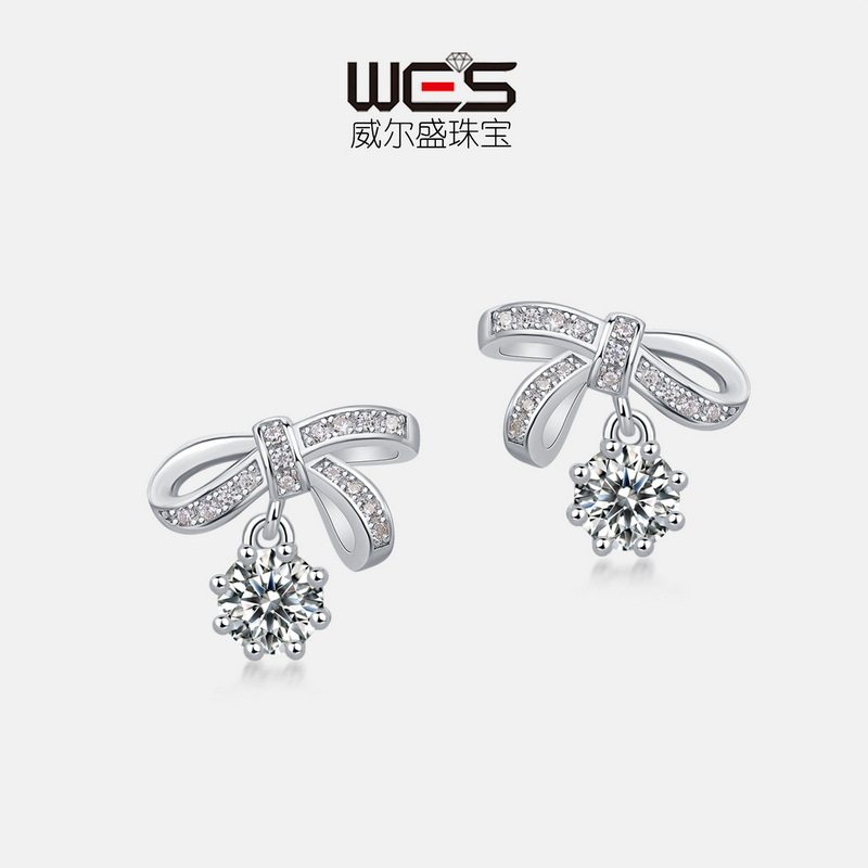 新款蝴蝶结莫桑钻耳钉女S925银镀18K金镶嵌璀璨彩宝耳坠宝石