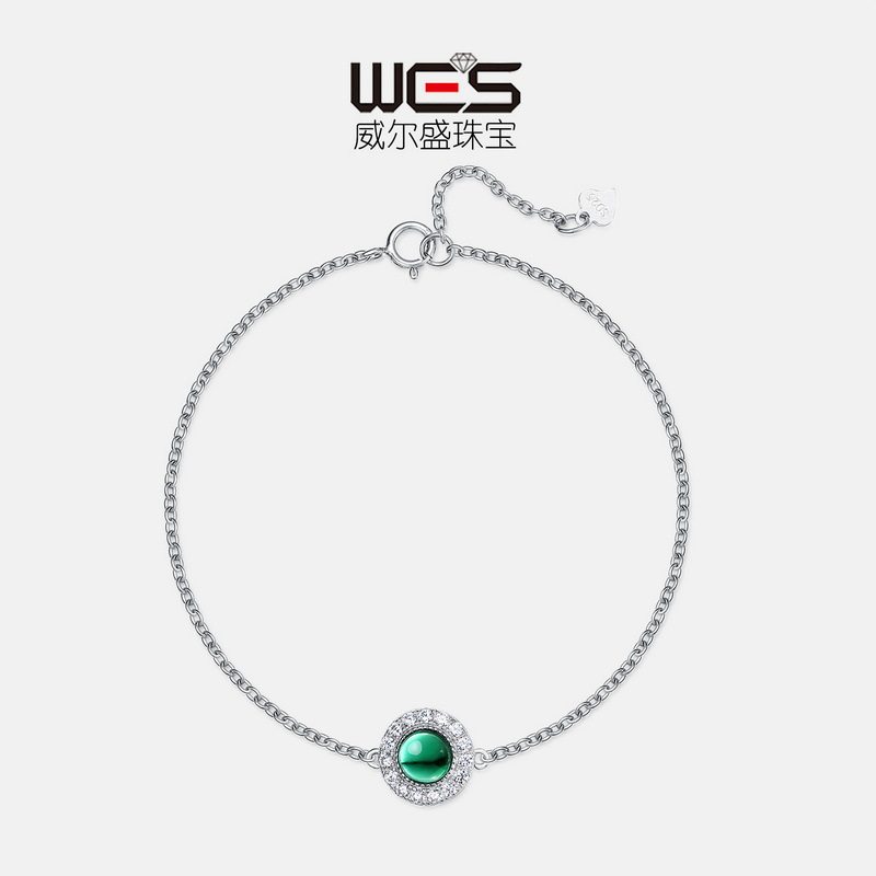 欧美新款S925银镀18K金培育祖母绿手链女生彩宝宝石高级手饰礼物