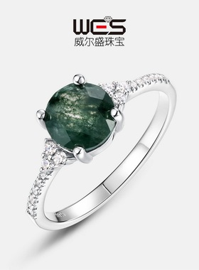 天然绿苔藓石戒指S925银镀18K金PT950铂金个性水草玛瑙食指戒