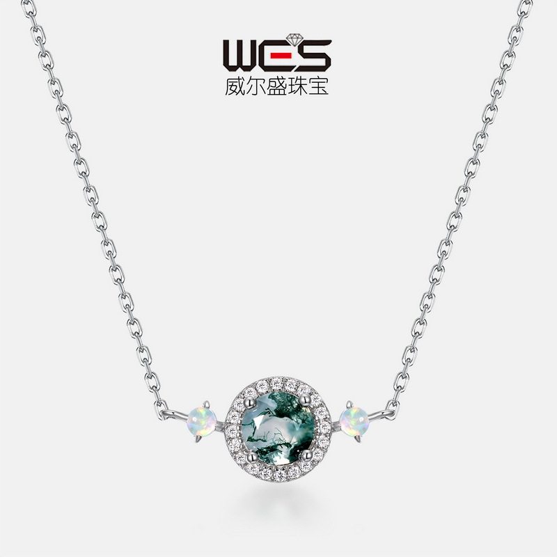 经典轻奢天然水草玛瑙项链女S925银镀18K金镶绿苔藓石水晶锁骨链