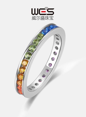 清新彩锆简约戒指女S925银镀18K金镶嵌彩宝彩虹锆石指戒时尚