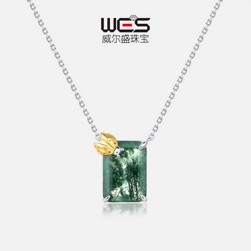 天然水草玛瑙项链S925银镀18K金PT950铂金七星瓢虫锁骨链优雅个性