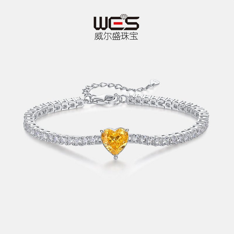 新款心形手链女S925银镀18K金镶嵌彩宝宝石爱心冰花切高碳钻手饰